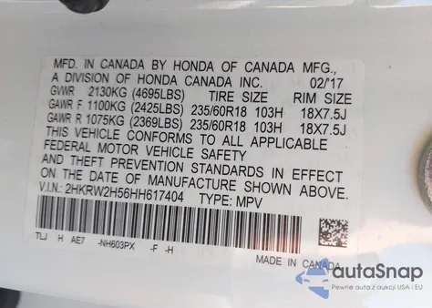 2017 Honda Cr-V Ex z USA, uszkodzony, nr VIN 2HKRW2H56HH617404